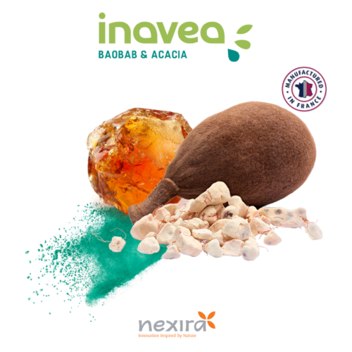 1-2 Taste Nexira - inavea™ Baobab Acacia - Organic and Carbon Neutral Footprint with baobab fruit, acacia gum resin, and powder, highlighting organic and carbon neutral claims with French origin seal