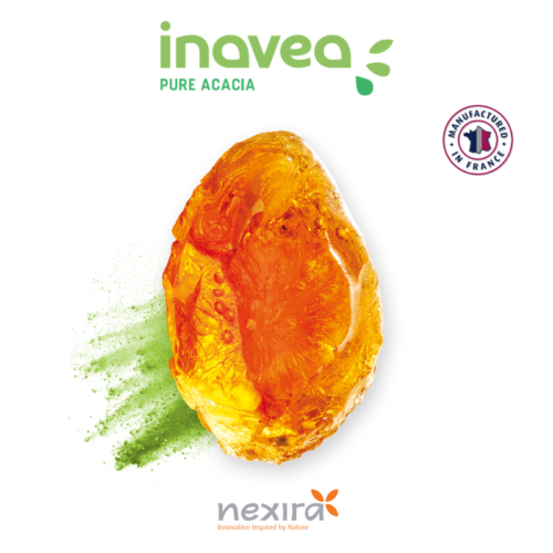 1-2 Taste Nexira - inavea™ Essential – Organic Acacia Fibre (Seyal Gum Arabic) shown as golden seyal gum resin with Manufactured in France label