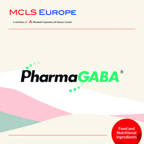 1-2 Taste MCLS - PharmaGABA® shown as green and black logo with dotted arc, MCLS branding, and red badge on pastel background
