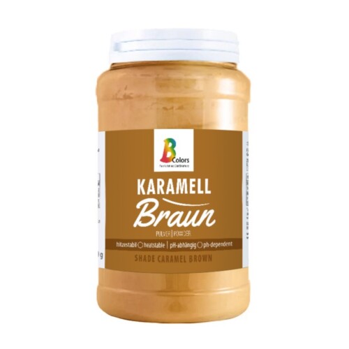1-2 Taste BColors - Karamell Brown Natural Food Colour Powder shown in a labeled plastic jar with white lid on white background