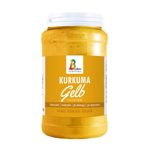 1-2 Taste BColors - Kurkuma Yellow Natural Food Colour Powder shown in a labeled plastic jar with white lid on white background