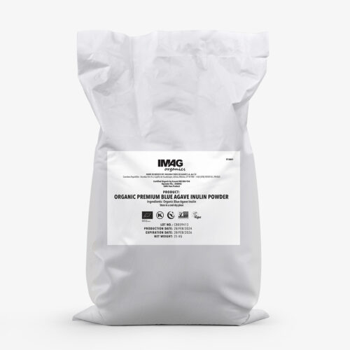 White kraft bag of IMAG Organics - 100% Blue Agave Inulin Powder with printed label and product details