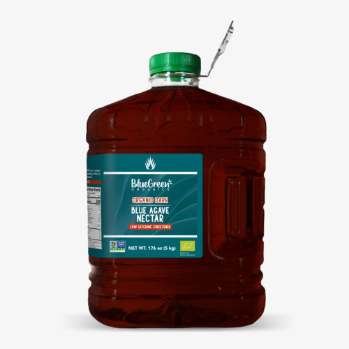 Plastic canister of IMAG Organics - 100% Blue Agave Syrup Dark with green cap and label highlighting low glycemic sweetener and non-GMO certification