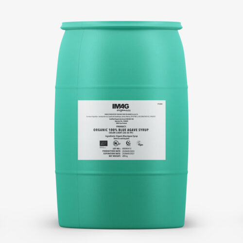 Green barrel of IMAG Organics - 100% Blue Agave Syrup Light with label highlighting low glycemic sweetener and non-GMO certification