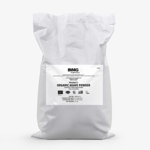 White kraft bag of IMAG Organics - Agave Powder with printed label and certified organic, vegan, GMO-free sweetener