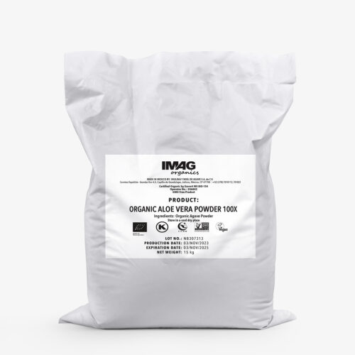 White kraft bag of IMAG Organics - Aloe Vera Powder 100X with printed label showing certifications and product details