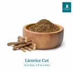 1-2 Taste JK Botanicals - Licorice root cut 0.5 to 2 mm shown as dried root granules in wooden bowl with whole licorice sticks beside