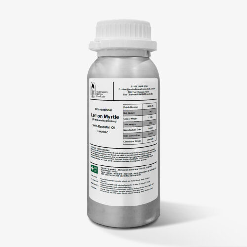Aluminium bottle of Lemon Myrtle 100% Essential Oil with printed label and USDA Organic certification