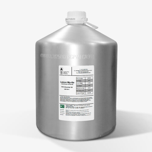aluminium container of Lemon Myrtle 100% Essential Oil with printed label and USDA Organic certification