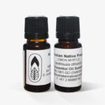 Sample bottles of Organic Lemon Myrtle 100% Essential Oil with printed labels and product details