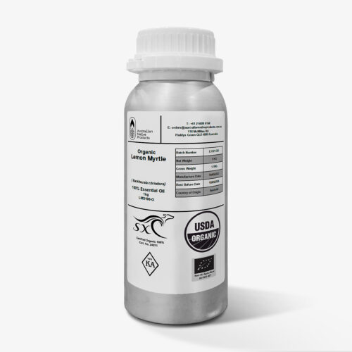 Aluminium bottle of Organic Lemon Myrtle 100% Essential Oil with printed label and USDA Organic certification