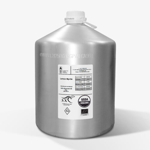 Aluminium container of Organic Lemon Myrtle 100% Essential Oil with printed label and USDA Organic certification
