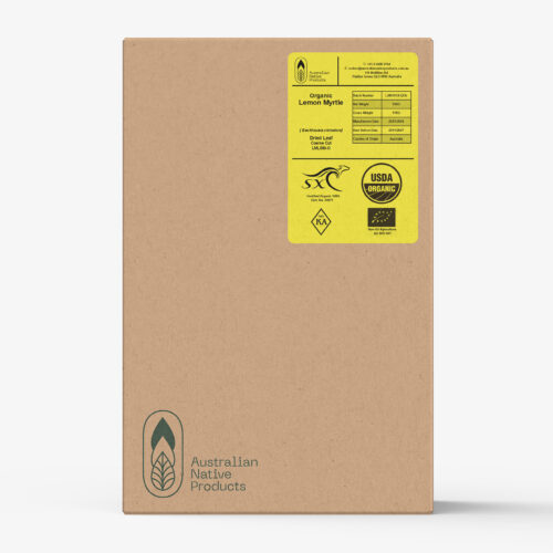 Brown carton of Organic Lemon Myrtle Dried Leaf Coarse Cut with yellow product label and USDA Organic certification