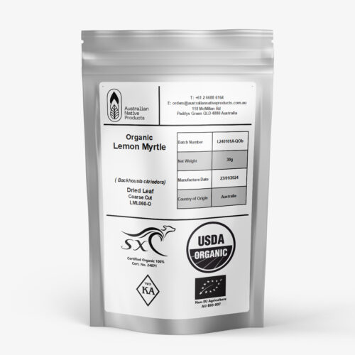 Pack of Organic Lemon Myrtle Dried Leaf Coarse Cut with USDA Organic and Australian certifications