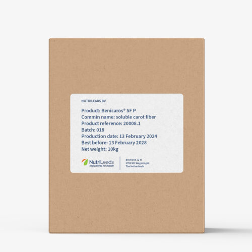 Brown carton of NutriLeads Benicaros® SF P with printed label and product details