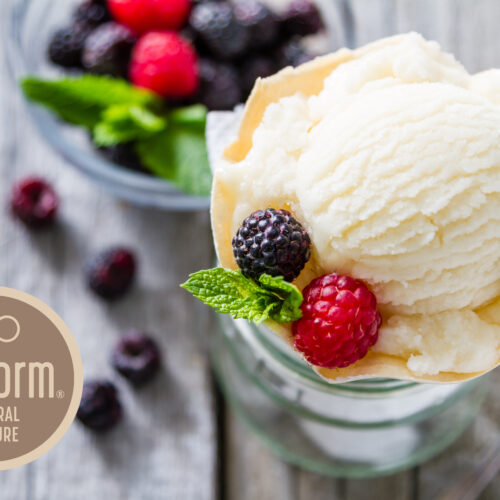 1-2 Taste NuTek Natural Ingredients - NuForm 100 vanilla ice cream topped with fresh raspberry, blackberry, and mint leaf in a clear glass, with mixed berries in the background