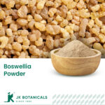 1-2 Taste JK Botanicals - Boswellia Powder shown as fine white resin extract in wooden bowl with frankincense gum beside