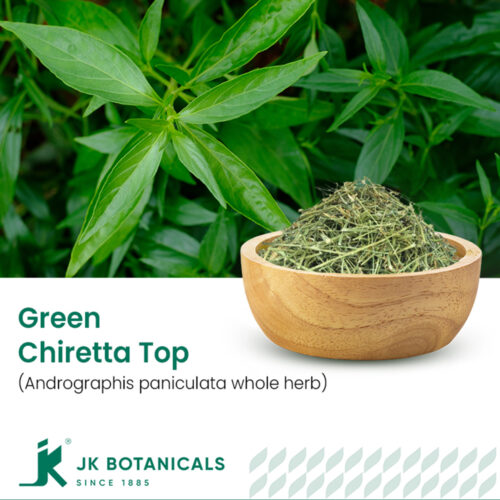 1-2 Taste JK Botanicals - Green Chiretta Top (Andrographis paniculata whole herb) in wooden bowl with fresh leaves