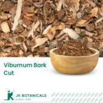 1-2 Taste JK Botanicals - Viburnum bark,coarse cut 10-40 mesh shown as dried herbal bark granules in wooden bowl with loose bark beside
