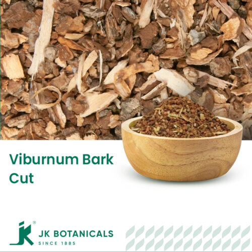 1-2 Taste JK Botanicals - Viburnum bark,coarse cut 10-40 mesh shown as dried herbal bark granules in wooden bowl with loose bark beside