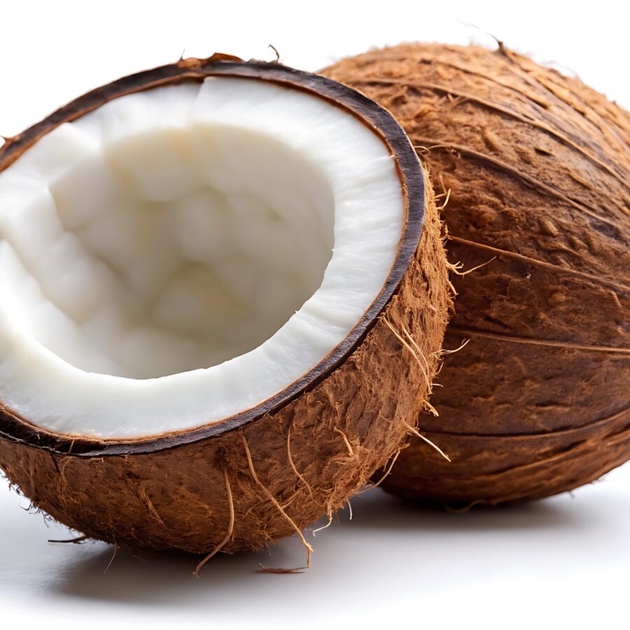 Coconut,On,A,White,Background,Cut,Lengthwise