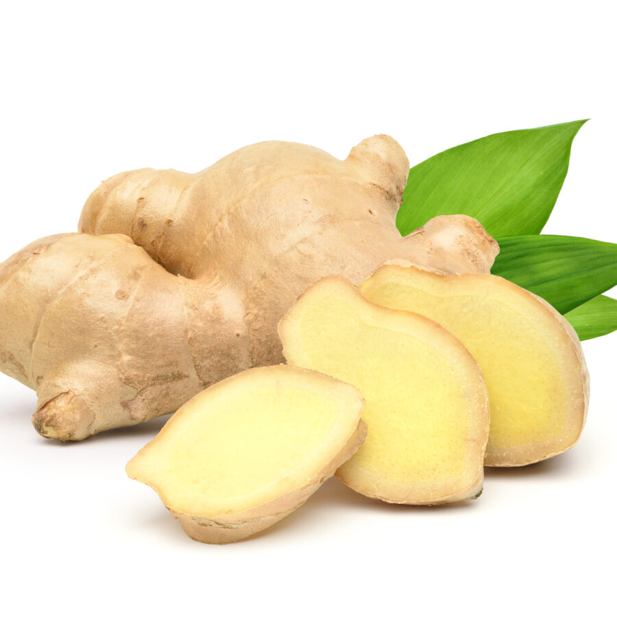 Fresh,Ginger,Rhizome,With,Sliced,And,Green,Leaves,Isolated,On