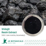 1-2 Taste JK Botanicals - Shilajit Resin Extract 40% Fulvic Acid by Gravimetry shown as dark powder in wooden bowl with raw shilajit chunks